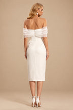Rutipo Ivory Sheath/Column Off-The-Shoulder Sleeveless Tea-Length Wedding Dresses