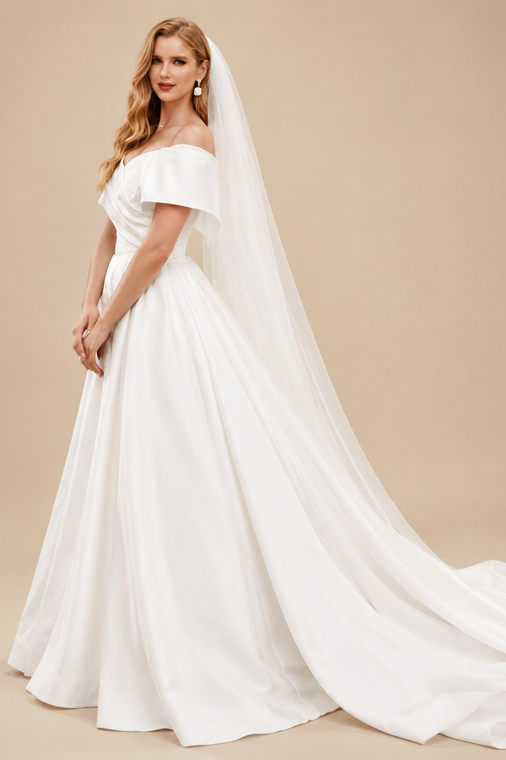 Rutipo Ivory Ball-Gown Off-The-Shoulder Sleeveless Sweep Train Satin Wedding Dresses