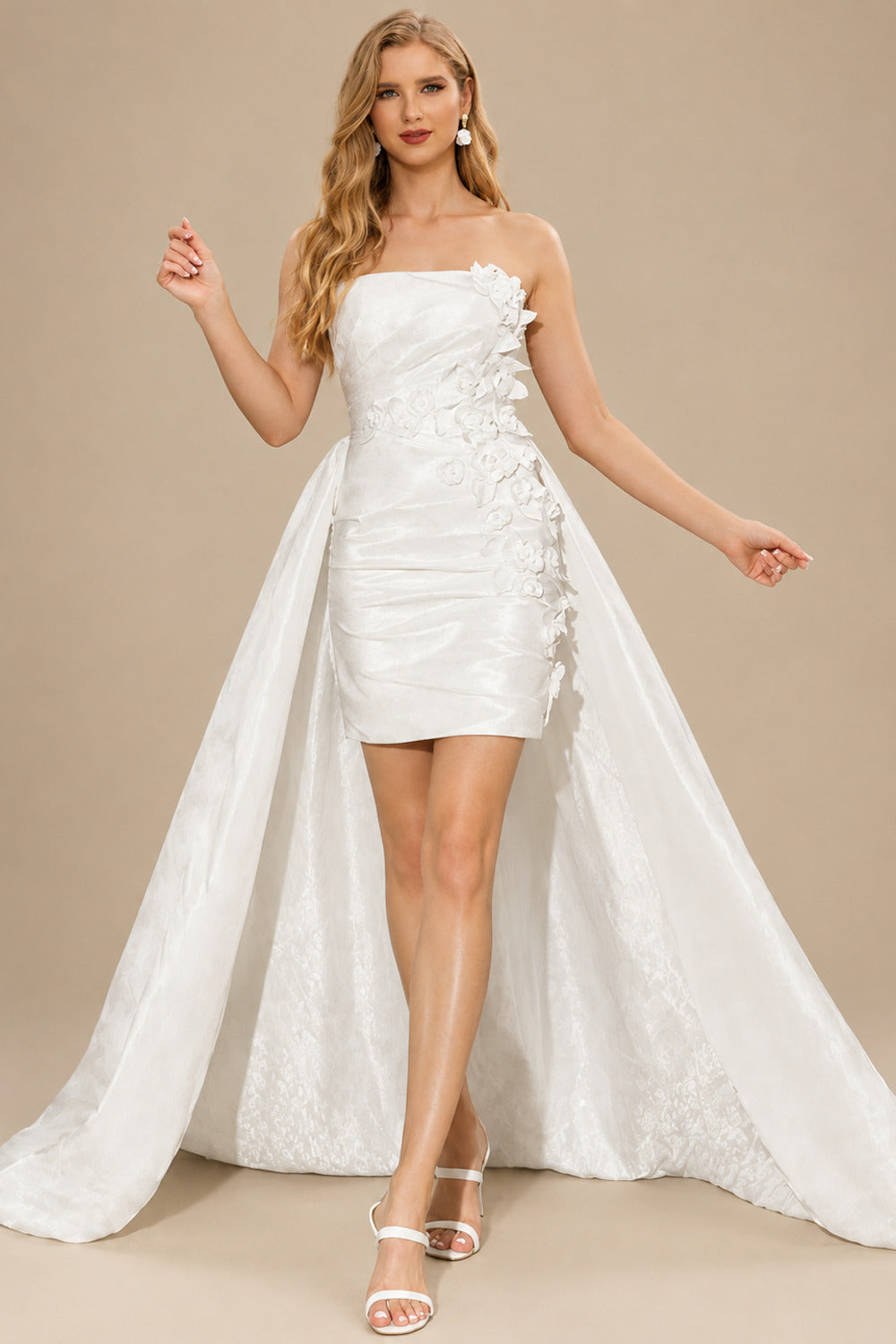 Rutipo Ivory Sheath/Column Strapless Sleeveless Taffeta Wedding Dresses With Flower(s)