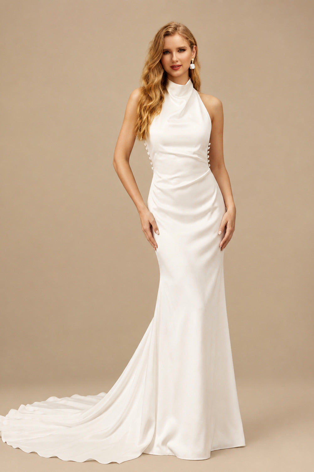 Rutipo Ivory Sheath/Column Halter Silk Like Satin Wedding Dresses With Back Hole