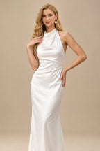 Rutipo Ivory Sheath/Column Halter Silk Like Satin Wedding Dresses With Back Hole