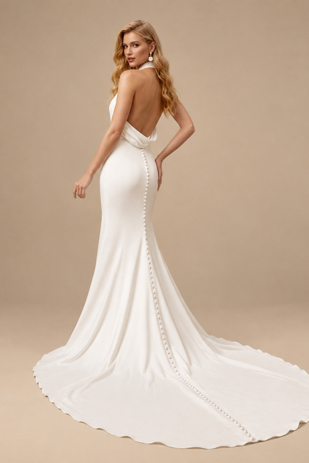 Rutipo Ivory Sheath/Column Halter Silk Like Satin Wedding Dresses With Back Hole