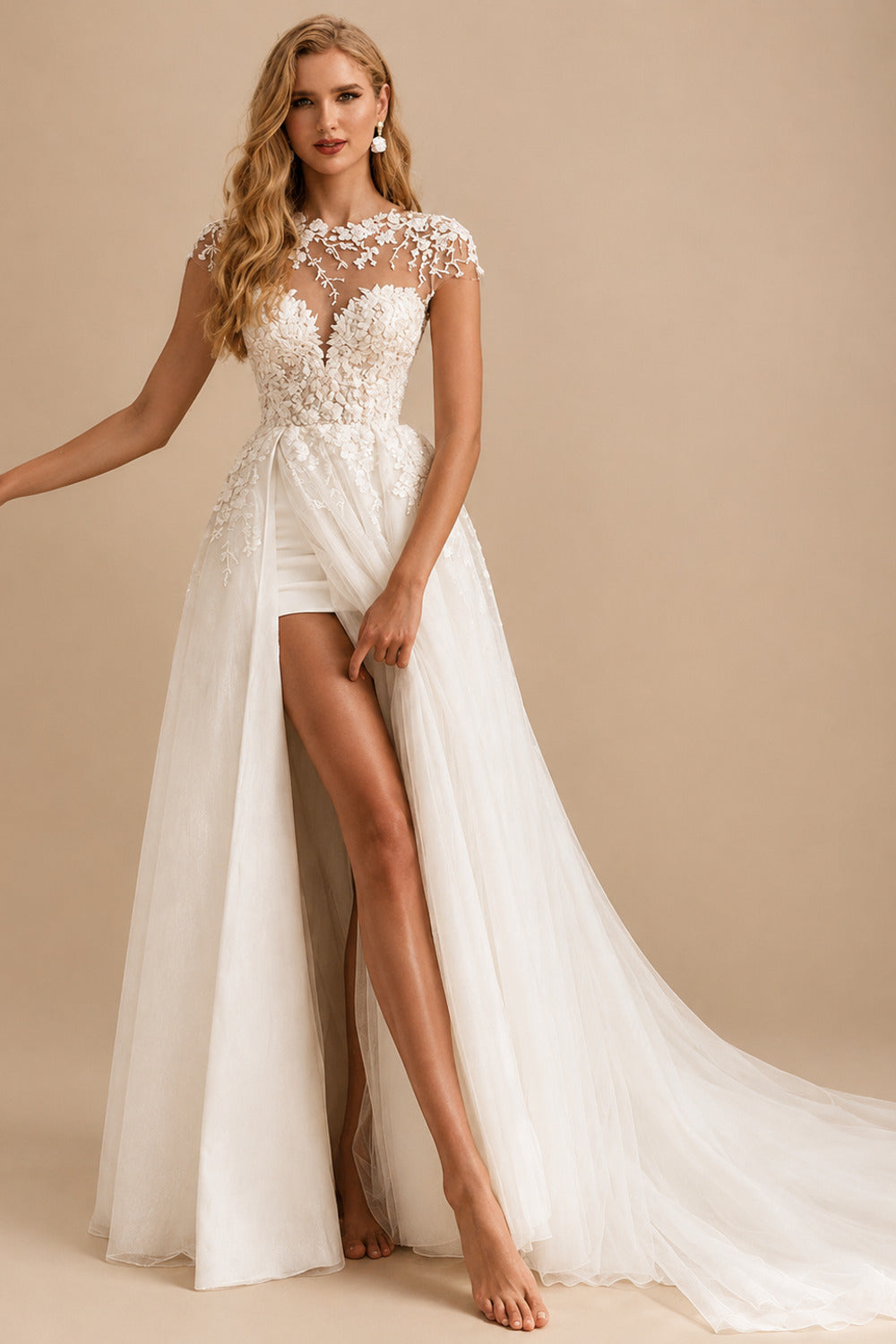 Rutipo Ivory A-Line Illusion Neck Short Sleeves Tulle Wedding Dresses With High Split