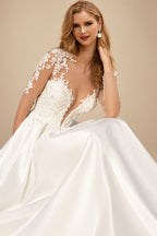 Rutipo Ivory Ball-Gown V-Neck Long Sleeves Satin Wedding Dresses With Appliques Lace