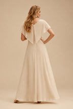 Rutipo Champagne A-Line V-Neck Sleeveless Sweep Train Lace Wedding Dresses
