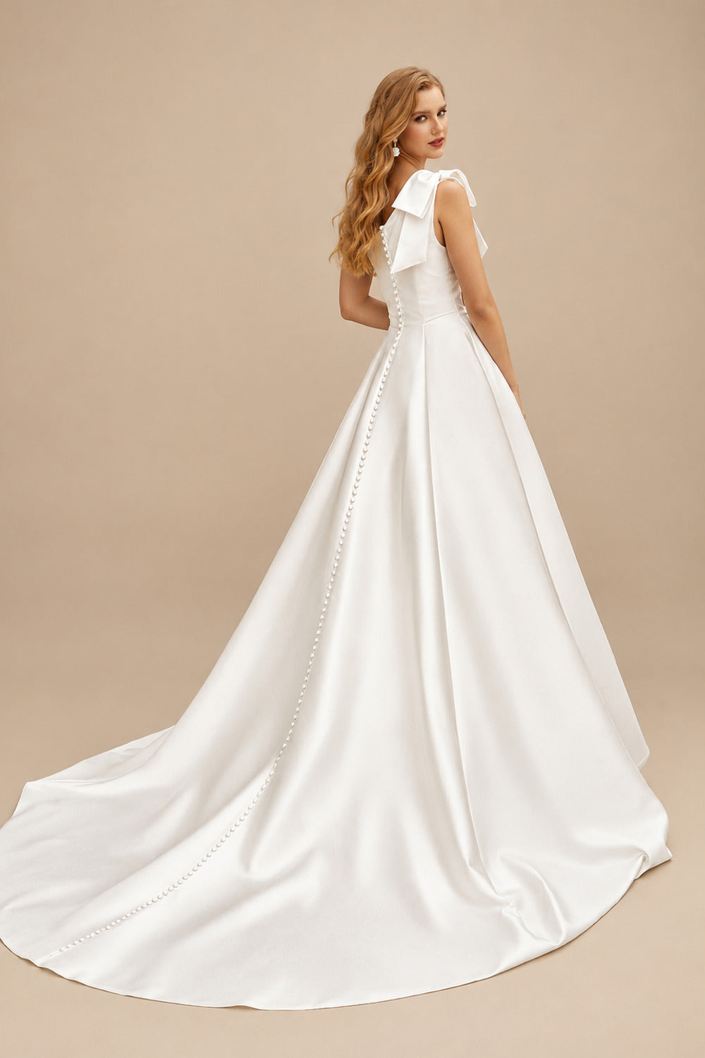 Rutipo Ivory One-Shoulder Sleeveless Sweep Train Satin Wedding Dresses With Bow(s)