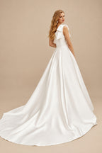 Rutipo Ivory One-Shoulder Sleeveless Sweep Train Satin Wedding Dresses With Bow(s)