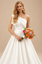 Rutipo Ivory One-Shoulder Sleeveless Sweep Train Satin Wedding Dresses With Bow(s)
