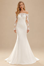 Rutipo Ivory Off-The-Shoulder Long Sleeves Sweep Train Lace Wedding Dresses