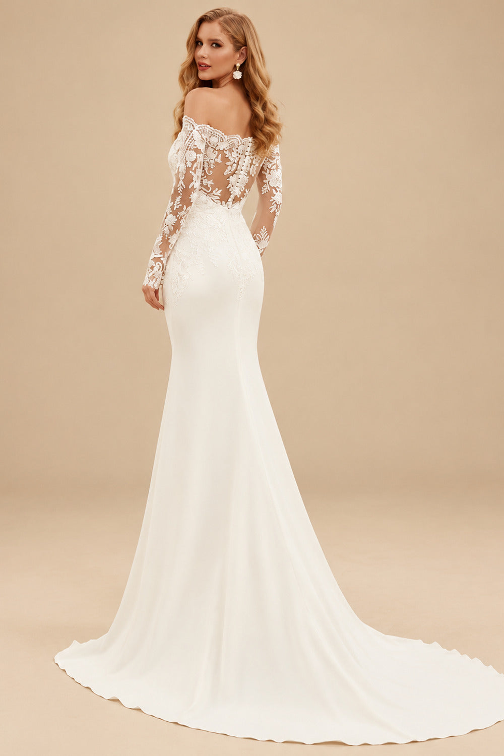 Rutipo Ivory Off-The-Shoulder Long Sleeves Sweep Train Lace Wedding Dresses