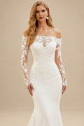Rutipo Ivory Off-The-Shoulder Long Sleeves Sweep Train Lace Wedding Dresses