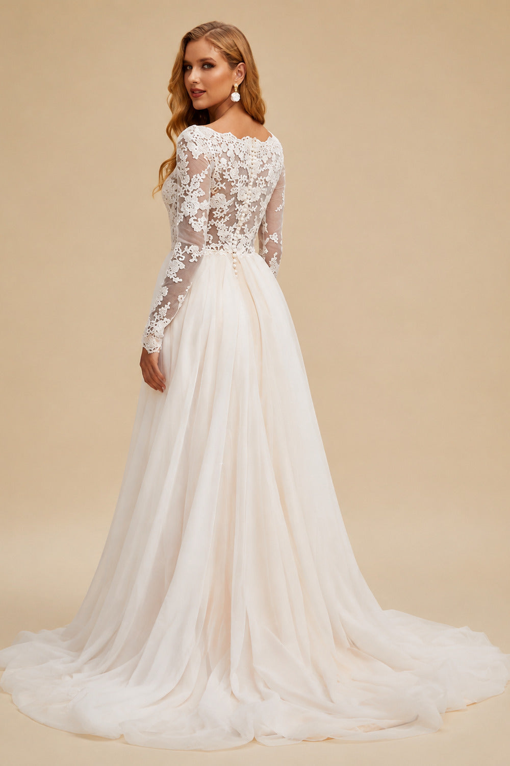 Rutipo As Picture A-Line V-Neck Long Sleeves Tulle Wedding Dresses With Appliques Lace