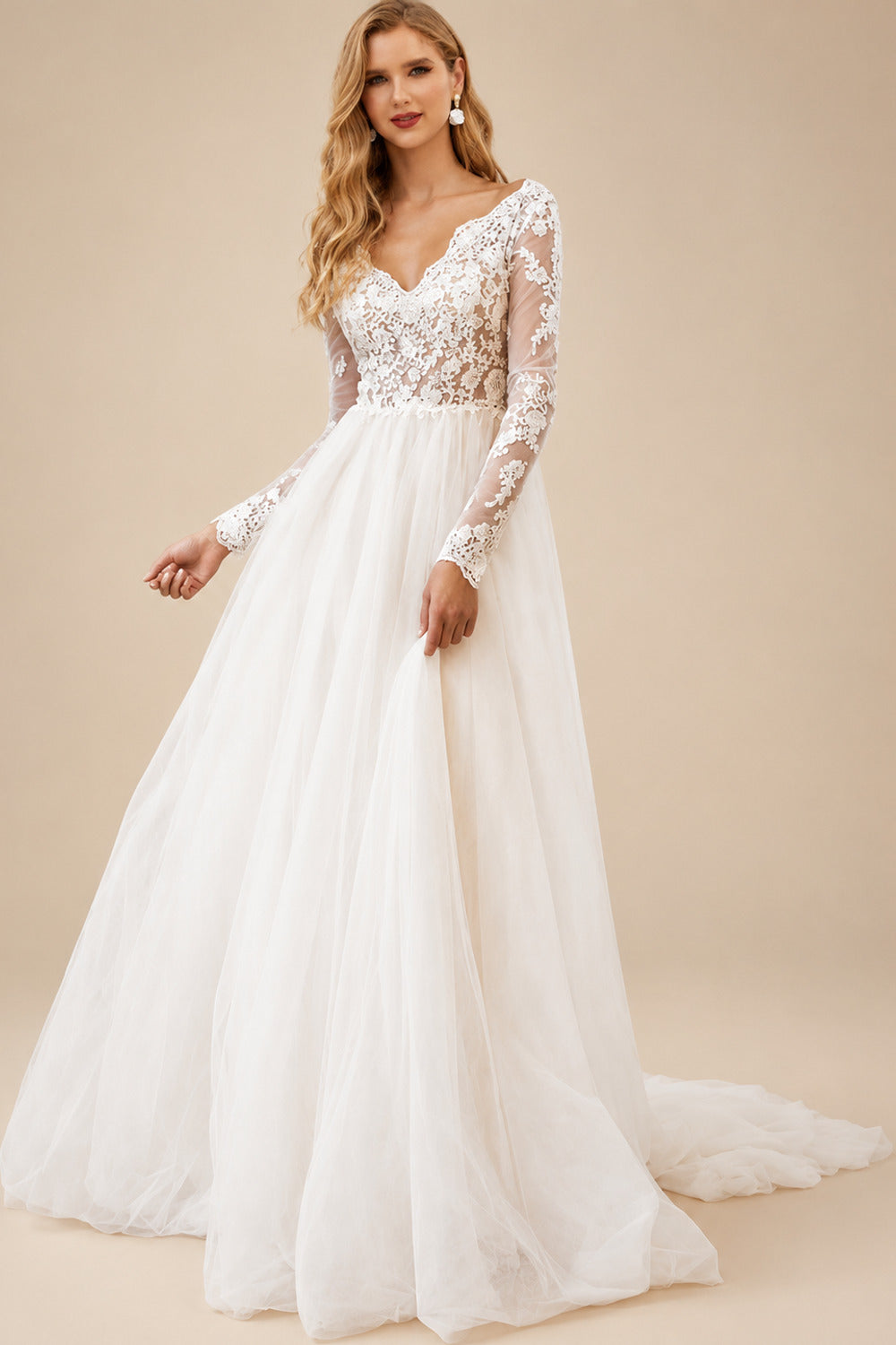 Rutipo As Picture A-Line V-Neck Long Sleeves Tulle Wedding Dresses With Appliques Lace