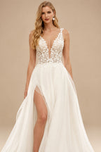 Rutipo Ivory A-Line V-Neck Sleeveless Tulle Wedding Dresses With Appliques Lace