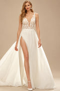 Rutipo Ivory A-Line V-Neck Sleeveless Tulle Wedding Dresses With Appliques Lace