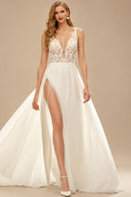 Rutipo Ivory A-Line V-Neck Sleeveless Tulle Wedding Dresses With Appliques Lace