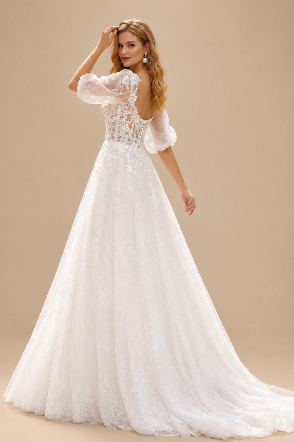 Rutipo White Ball-Gown V-Neck 1/2 Sleeves Lace/Tulle Wedding Dresses With Sequins/Appliques Lace