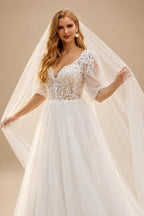 Rutipo White Ball-Gown V-Neck 1/2 Sleeves Lace/Tulle Wedding Dresses With Sequins/Appliques Lace