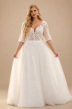 Rutipo White Ball-Gown V-Neck 1/2 Sleeves Lace/Tulle Wedding Dresses With Sequins/Appliques Lace