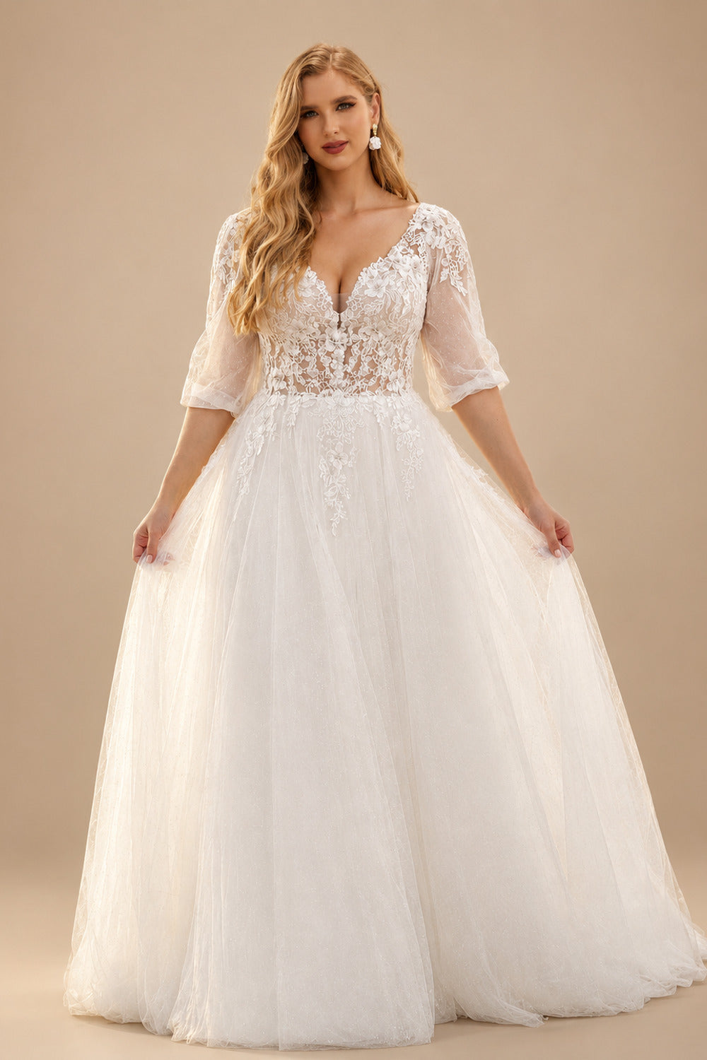 Rutipo White Ball-Gown V-Neck 1/2 Sleeves Lace/Tulle Wedding Dresses With Sequins/Appliques Lace