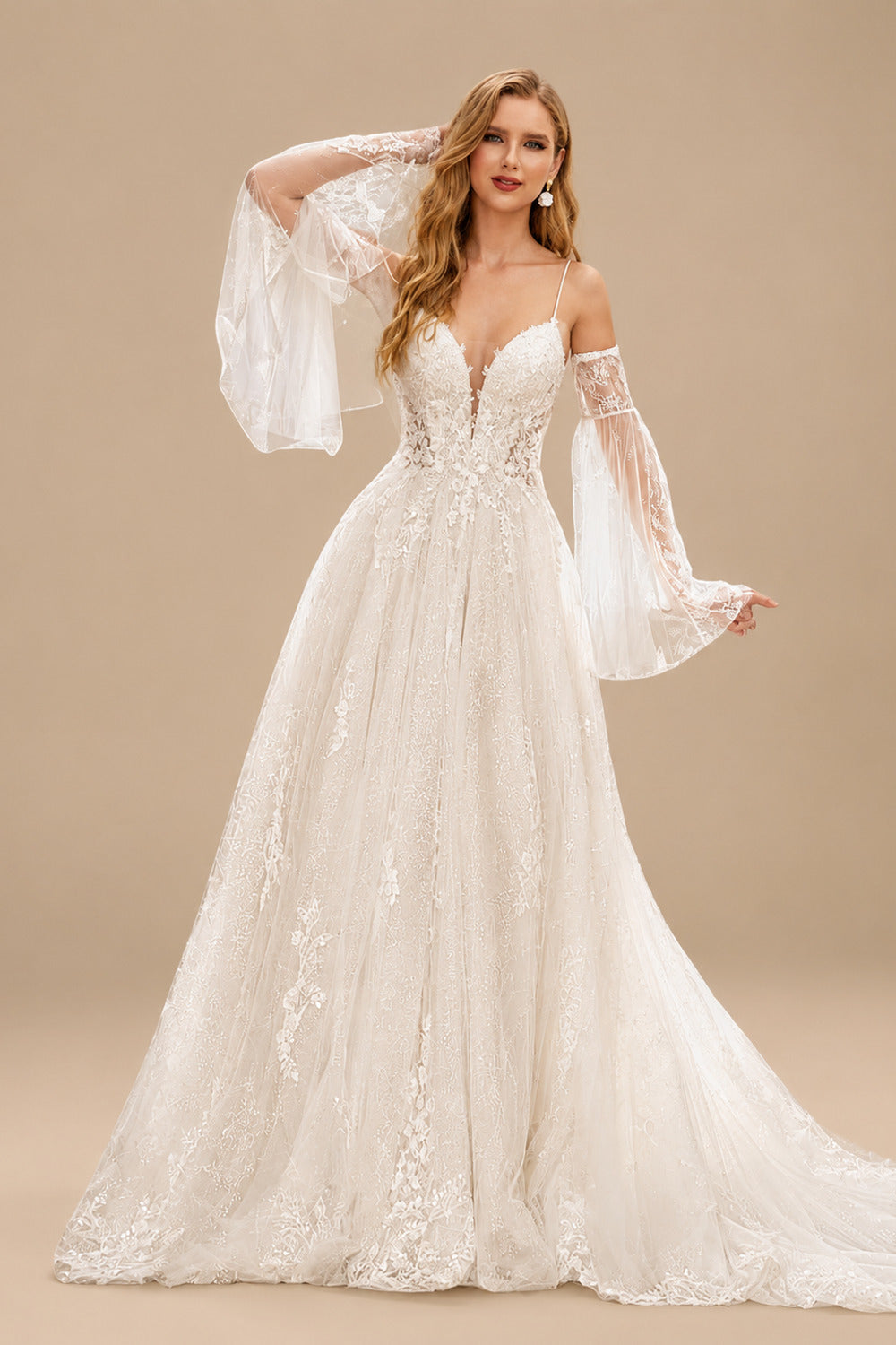 Rutipo Ivory A-Line Sweetheart Court Train Wedding Dresses With Appliques Lace