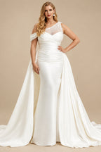 Rutipo Ivory Sheath/Column Asymmetrical Detachable Satin Wedding Dresses With Beading
