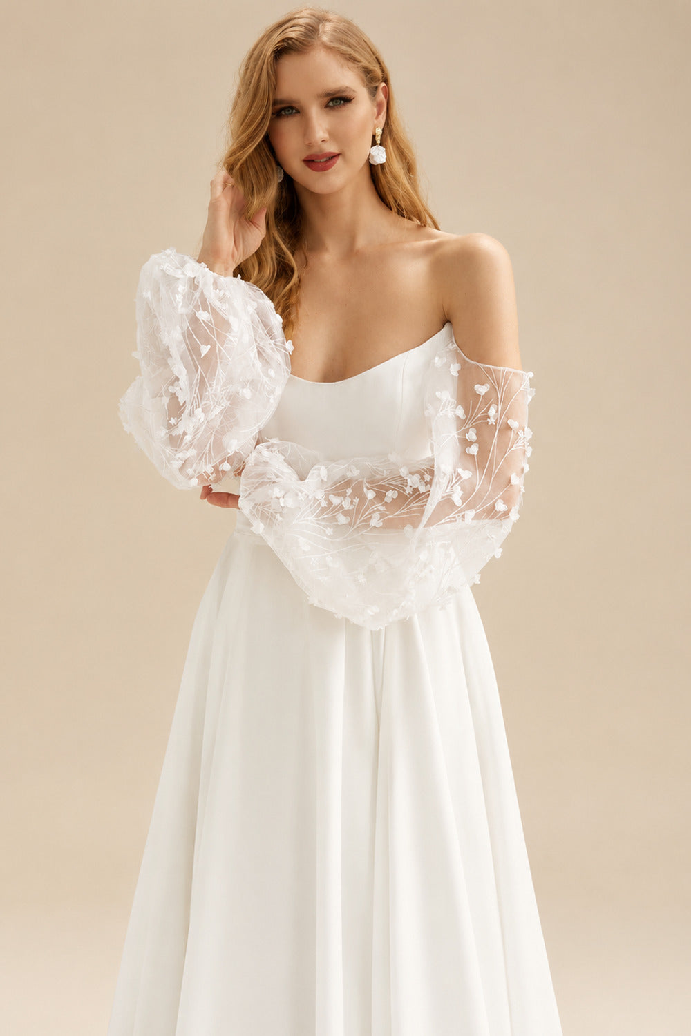 Rutipo Ivory A-Line Off-The-Shoulder Long Sleeves Wedding Dresses With Split Front