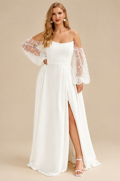 Rutipo Ivory A-Line Off-The-Shoulder Long Sleeves Wedding Dresses With Split Front