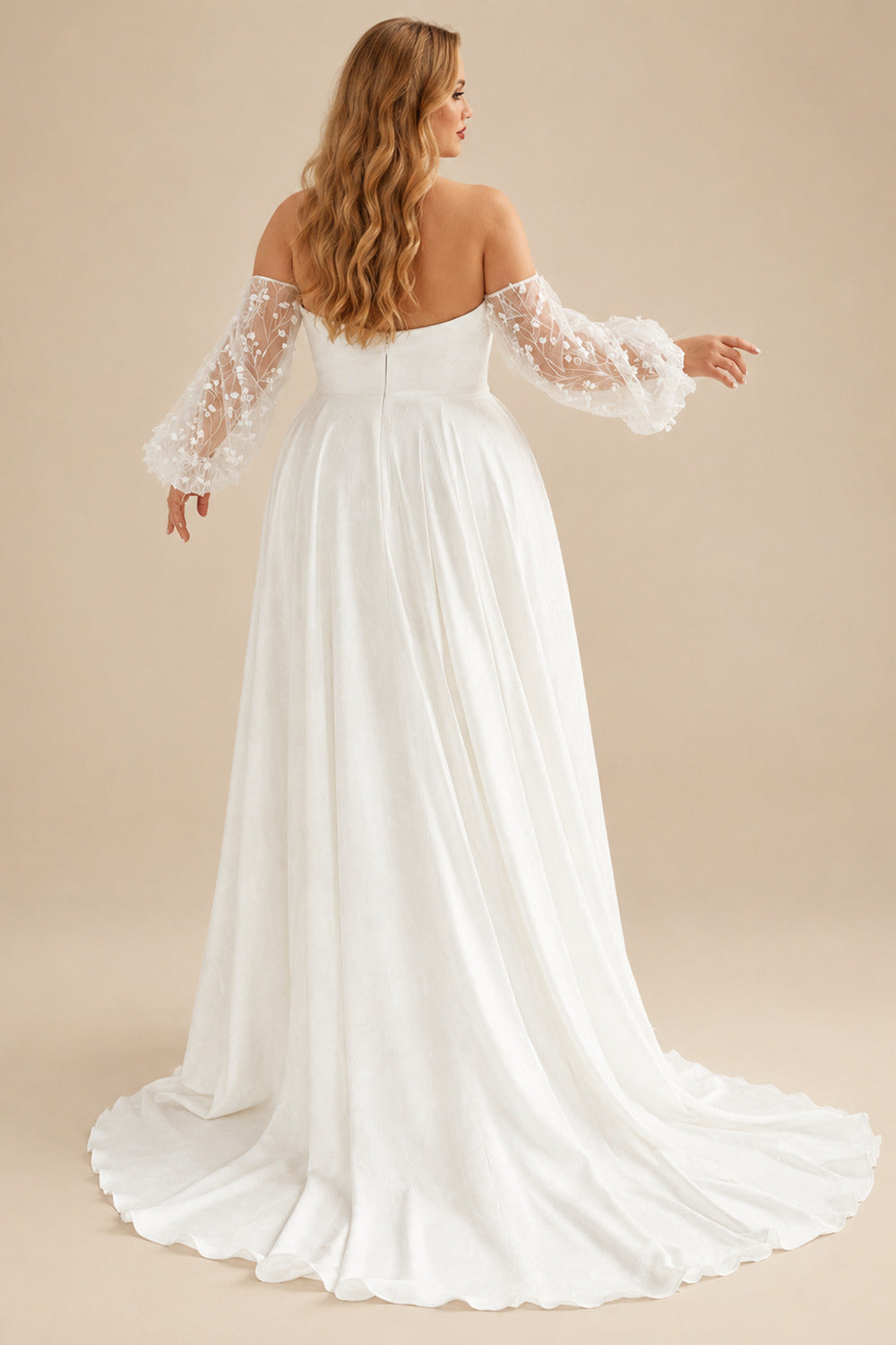 Rutipo Ivory A-Line Off-The-Shoulder Long Sleeves Wedding Dresses With Split Front