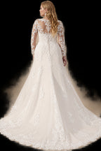 Rutipo Ivory A-Line V-Neck Long Sleeves Sweep Train Lace Wedding Dresses
