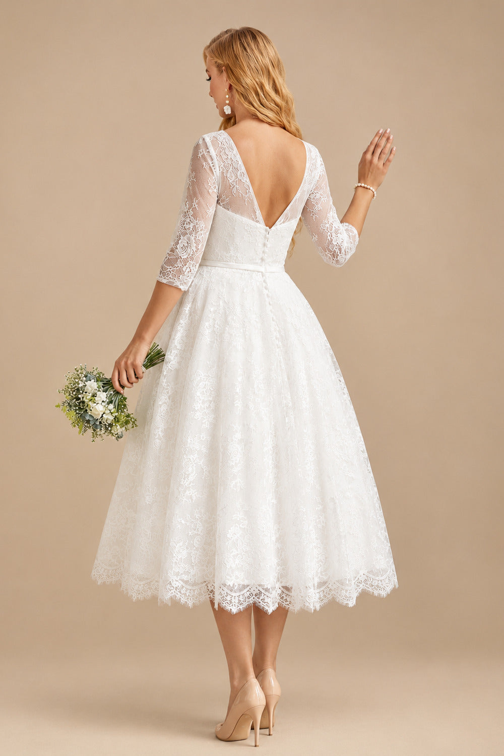 Rutipo Ivory A-Line Illusion Neck 1/2 Sleeves Tea-Length Lace Wedding Dresses