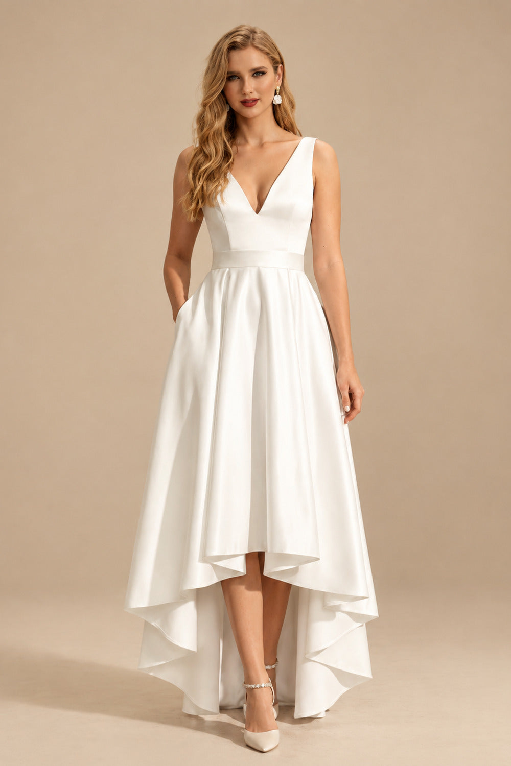 Rutipo Ivory A-Line V-Neck Sleeveless Floor-Length Satin Wedding Dresses With Bow(s)