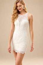 Rutipo Ivory Sheath/Column Scoop Neck Sleeveless Detachable Lace Wedding Dresses