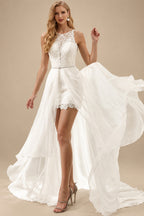 Rutipo Ivory Sheath/Column Scoop Neck Sleeveless Detachable Lace Wedding Dresses