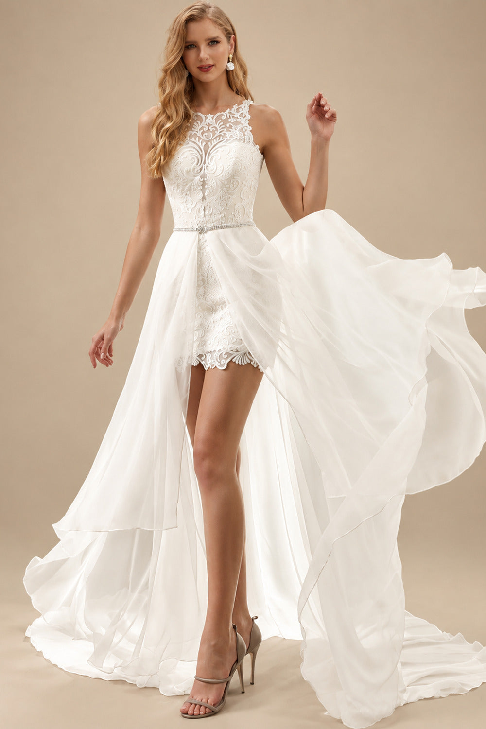Rutipo Ivory Sheath/Column Scoop Neck Sleeveless Detachable Lace Wedding Dresses