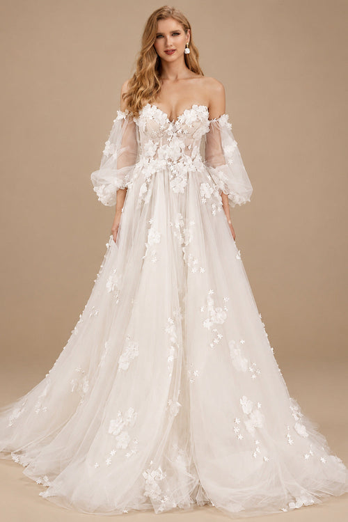Rutipo Ivory A-Line Off-The-Shoulder Long Sleeves Lace/Tulle Wedding Dresses