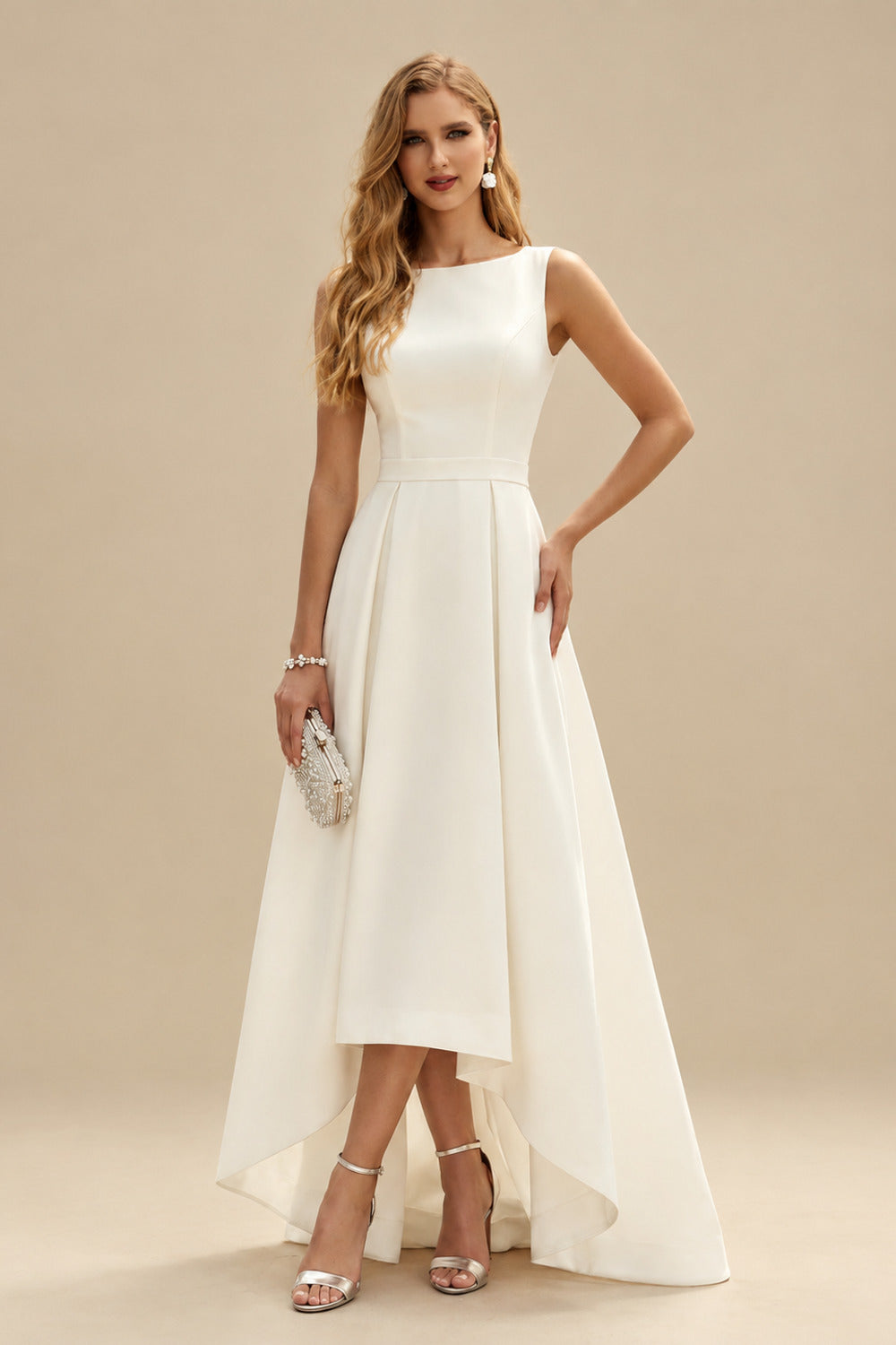 Rutipo Ivory A-Line Scoop Neck Sleeveless Satin Wedding Dresses With Back Hole