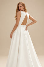Rutipo Ivory A-Line Scoop Neck Sleeveless Satin Wedding Dresses With Back Hole