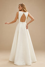 Rutipo Ivory A-Line Scoop Neck Sleeveless Satin Wedding Dresses With Back Hole