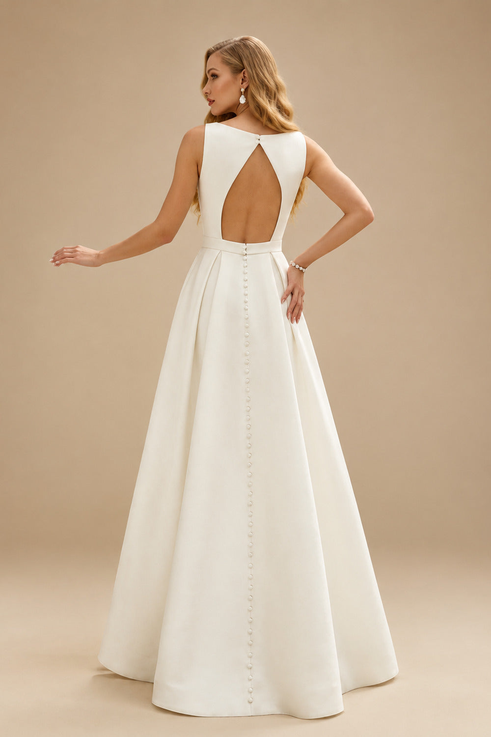 Rutipo Ivory A-Line Scoop Neck Sleeveless Satin Wedding Dresses With Back Hole