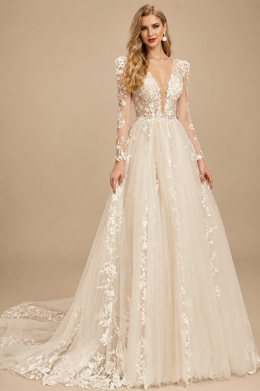 Rutipo Ivory A-Line V-Neck Long Sleeves Court Train Lace/Tulle Wedding Dresses