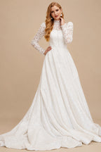 Rutipo Ivory A-Line High Neck Long Sleeves Lace Wedding Dresses With Beading
