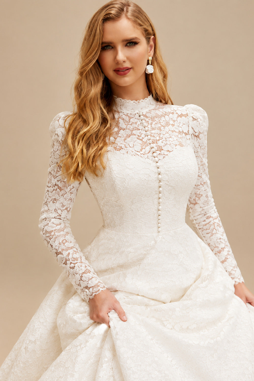 Rutipo Ivory A-Line High Neck Long Sleeves Lace Wedding Dresses With Beading