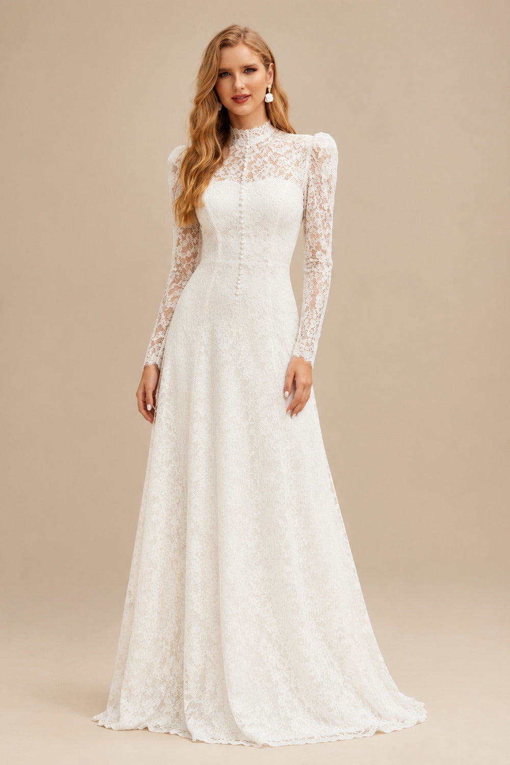 Rutipo Ivory A-Line High Neck Long Sleeves Lace Wedding Dresses With Beading