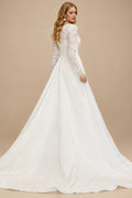 Rutipo Ivory A-Line High Neck Long Sleeves Lace Wedding Dresses With Beading