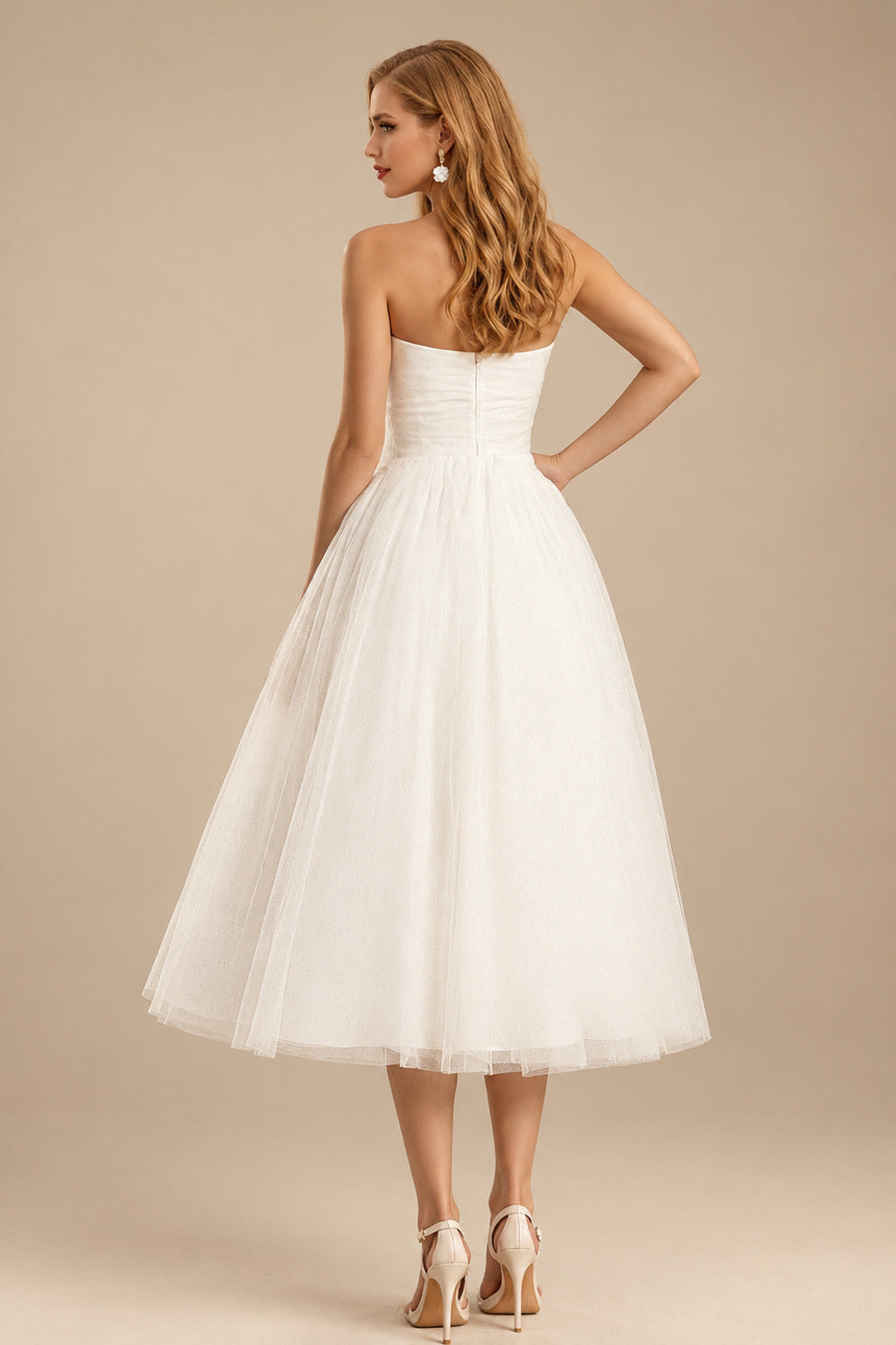 Rutipo Ivory A-Line Sweetheart Sleeveless Tea-Length Tulle Wedding Dresses