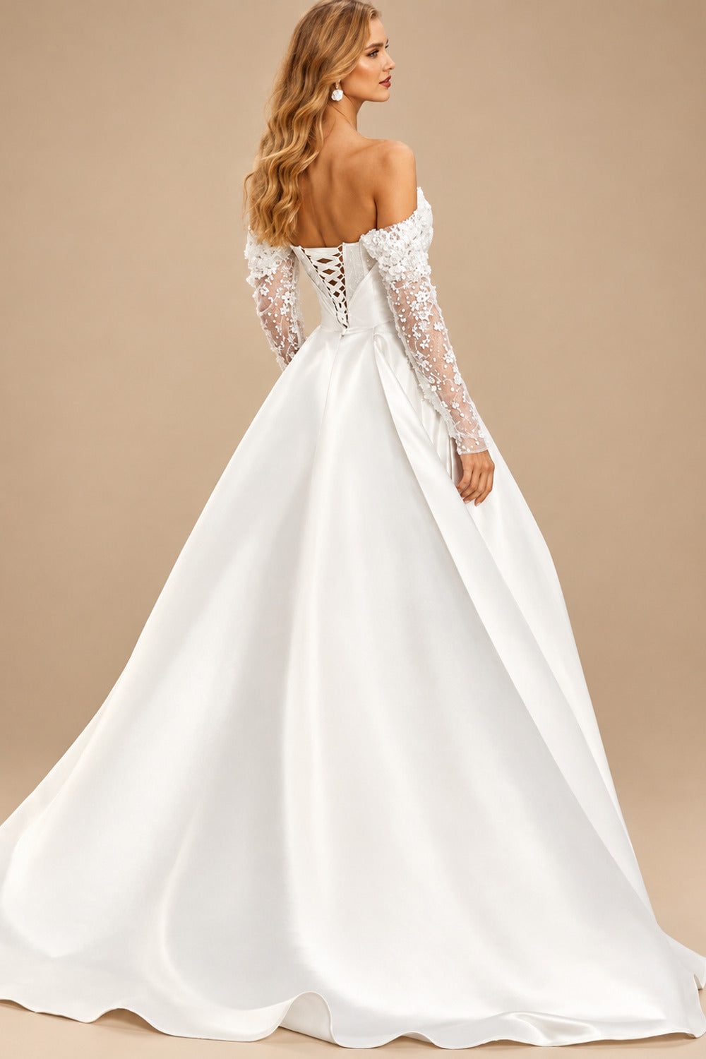 Rutipo Ivory Ball-Gown Off-The-Shoulder Long Sleeves Satin/Sequined Wedding Dresses