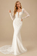 Rutipo Ivory Trumpet/Mermaid Sweep Train Lace Wedding Dresses With Back Hole