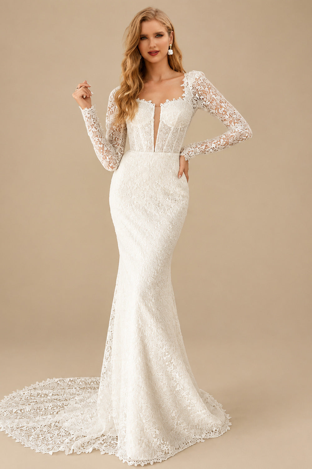 Rutipo Ivory Trumpet/Mermaid Sweep Train Lace Wedding Dresses With Back Hole