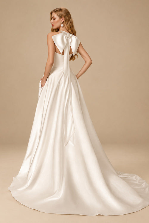Rutipo Ivory A-Line Halter Sleeveless Sweep Train Satin Wedding Dresses With Bow(s)